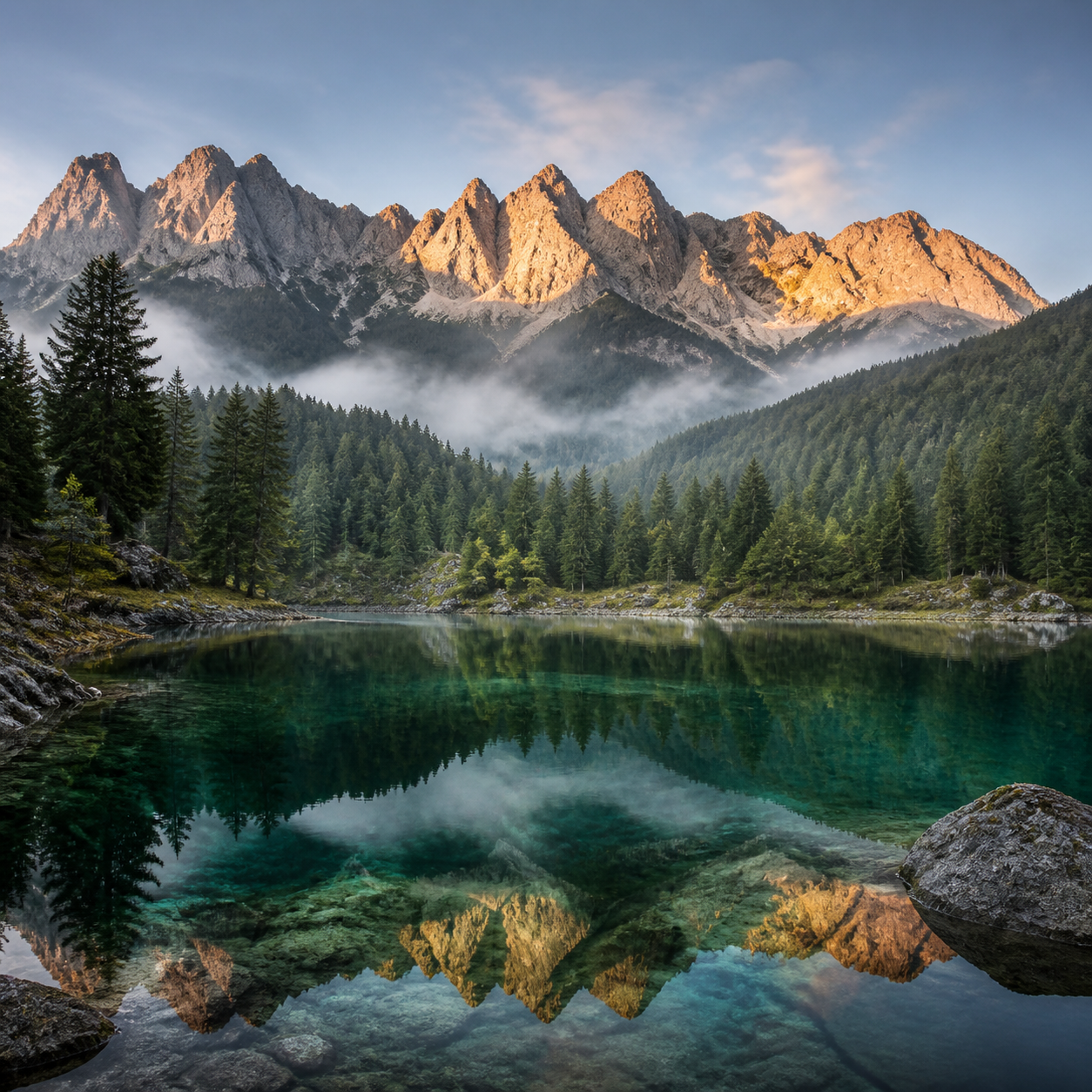 Emerald alpine lake beneath sunlit mountains